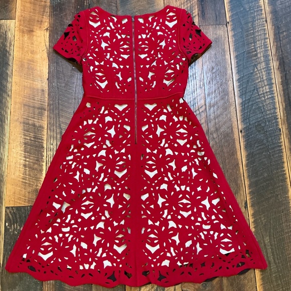 Moulinette Soeurs Laser-Cut Red Fit & Flare Dress Anthropologie Size 6 - Picture 5 of 12